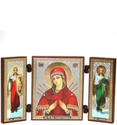 Иконы Семистрельная икона Божией Матери с архангелами складень тройной (13 х 7,5 см)