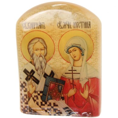 Иконы Киприан и Иустина, икона настольная из селенита (45 х 30 х 65 мм, 65 г)
