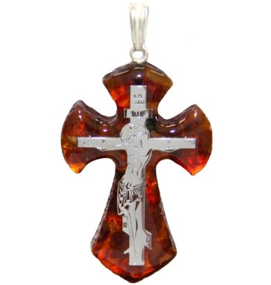 Утварь и подарки Крестик нательный большой из янтаря (серебрянный цвет, 3 х 4,5 см)