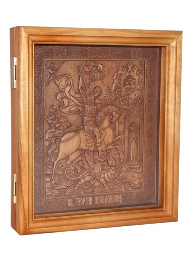 Иконы Георгий Победоносец, резная икона из дерева в киоте (28 х 25 см)