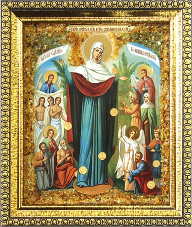 Иконы Всех Скорбящих Радость, икона Божией Матери с янтарной крошкой, 14 х 16 см