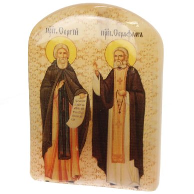 Иконы Серафим Саровский и Сергий Радонежский прпп, икона настольная из селенита (45 х 30 х 65 мм, 65 г)