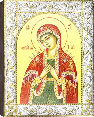 Иконы Семистрельная икона Божией Матери, икона в посеребренном окладе 14 х 18 см