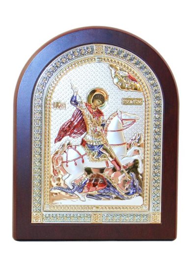 Иконы Икона Георгия Победоносца в серебряном окладе, ручная работа (14,5 х 18,5 см)