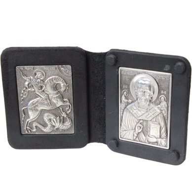 Иконы Складень двойной кожаный с иконами Николая Чудотворца и Георгия Победоносца