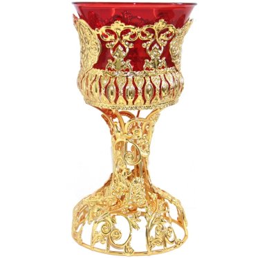 Утварь и подарки Лампада настольная резная в металлической оправе с красным стаканом
