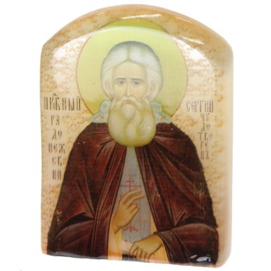 Иконы Сергий Радонежский, икона настольная из селенита (45 х 30 х 65 мм, 65 г)