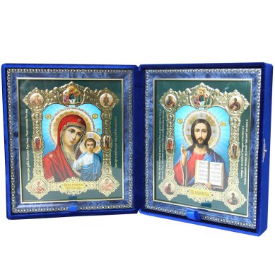 Иконы Складень Казанская Божия Матерь, Спаситель (парча, размер иконы 17,5 х 20,5 см)