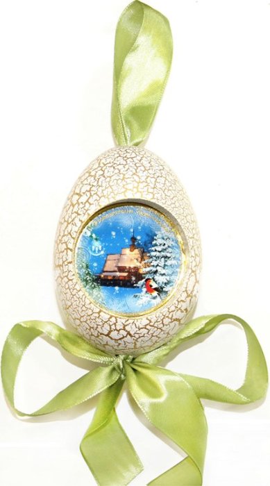 Утварь и подарки Рождественская подвеска яйцо «С Рождеством Христовым!» (снегирь на елке, белое)