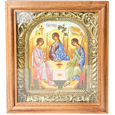 Иконы Троица, деревянная рамка, фигурный арочный киот, икона (17,5 х 19,5 см)