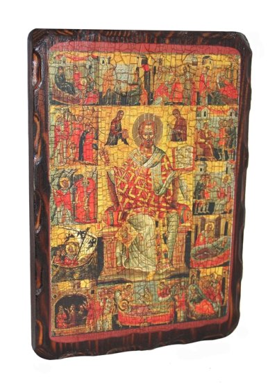 Иконы Николай Чудотворец с клеймами, икона на дереве под старину (19 х 27 см)