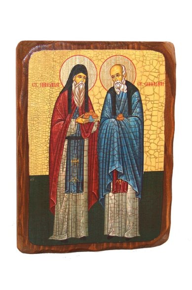 Иконы Святые просфорники Никодим и Спиридон  Печерские, икона на дереве под старину (18х24 см)
