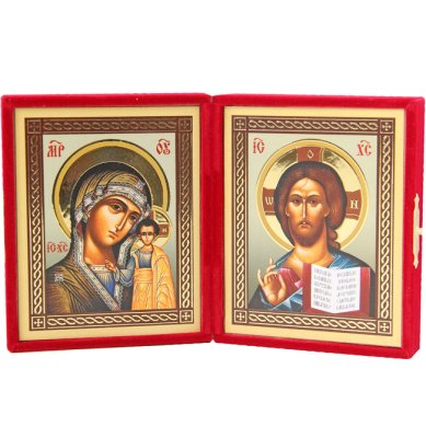 Иконы Складень Казанская Божия Матерь, Спаситель (бархат, размер иконы 8 х 10 см)