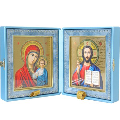Иконы Складень Казанская БМ, Спаситель (голубая экокожа, размер иконы 12,5 х 14,5 см)